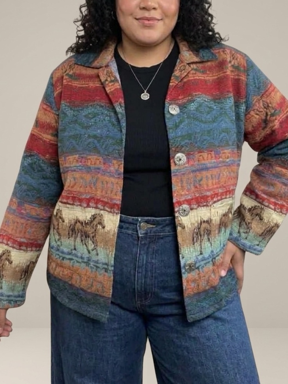 Vintage 90s Jane Ashley Western Tapestry Jacket Horse Print Button Front Sz 3X